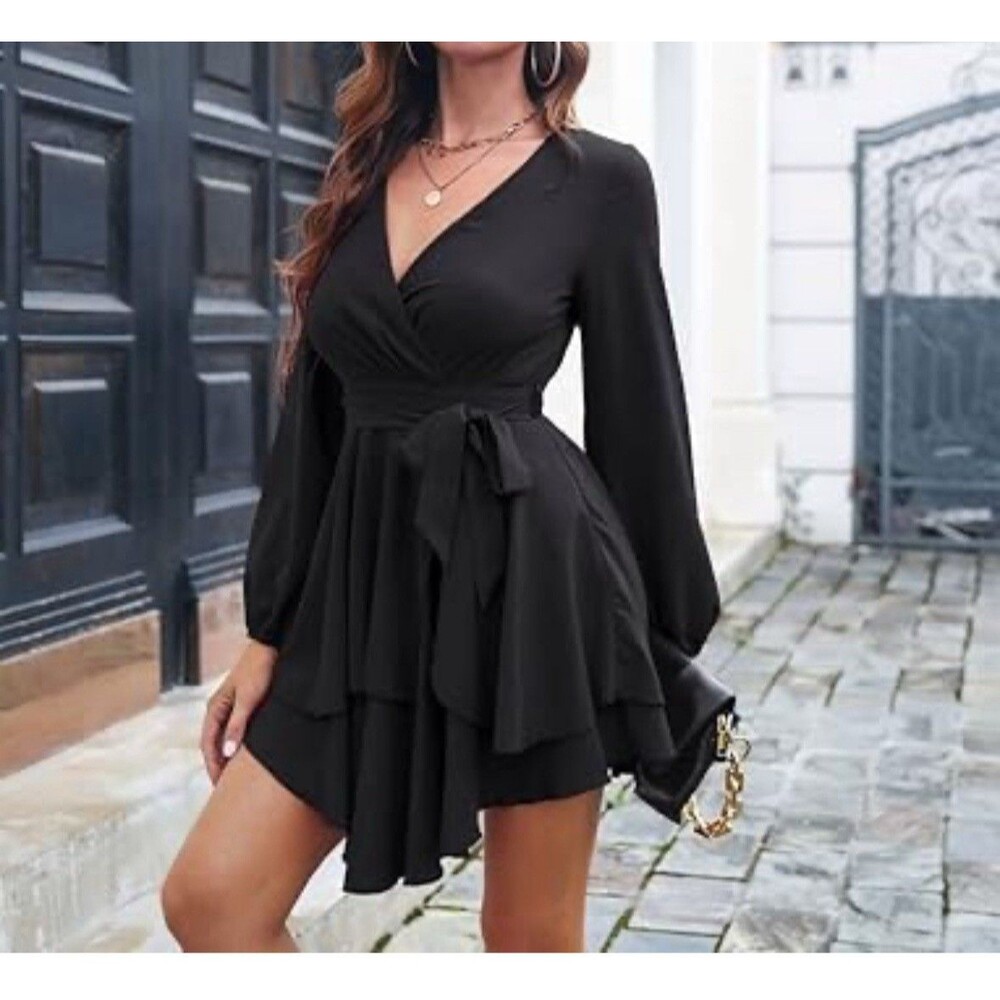 Dress Sz XL Deep V-Neck Long Sleeve Waist Tie Ruffle Mini Swing Boho Feminine